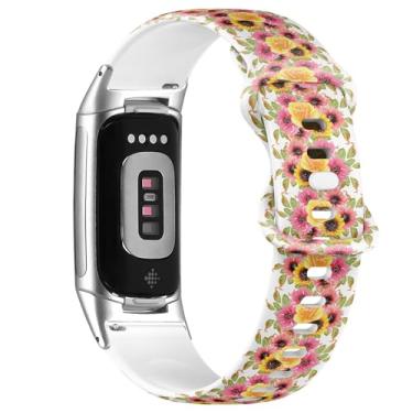 Imagem de Pulseira de silicone macio compatível com Fitbit Charge 5/Fitbit Charge 6 (elegância floral rosa lírio camélia girassol) pulseira esportiva macia para mulheres e homens