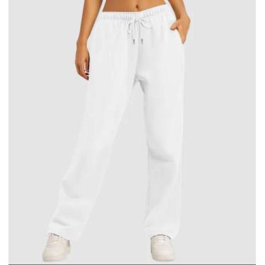 Imagem de Calça moletom flanelado feminina branca com 2 bolsos e cordão de ajust