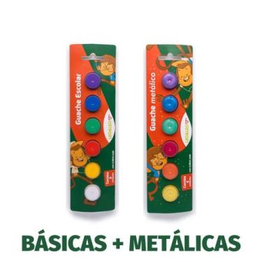 Imagem de Tinta Guache Escolar Kit c/ 6 Cores BásicasTradicionais, Neon ou Metál
