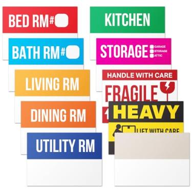 Imagem de 300 etiquetas de mudança de casa - Ideal para apartamentos de 1 a 2 quartos ou condomínios - 7,6 cm x 5 cm 10 designs de adesivos de mudança codificados por cores com área de gravação, etiqueta frágil