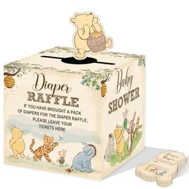 Imagem de Decorações de chá de bebê Winnie, decorações de festa Pooh, jogos de chá de bebê Pooh, caixa sorteio de fraldas Winnie com 50 peças de cartões de ursinho