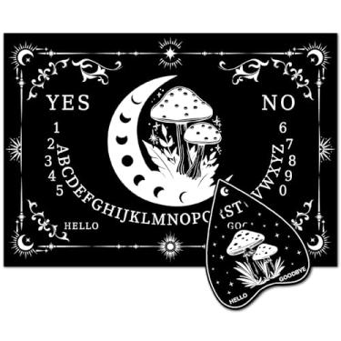 Imagem de CREATCABIN Wood Spirit Board Dowsing Divination Set with Luncheonette Metafísica Mensagem Telling Tool Stuff Crafts for Ghost Spiritual Games Wicca Witch Halloween Party 29 x 20 cm Cogumelo e Lua
