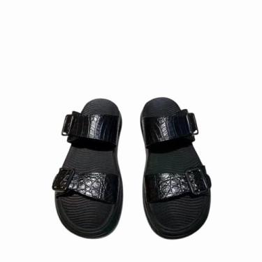 Imagem de Pantufa masculina autêntica de pele de crocodilo exótica, clássica, preta, macia, genuína, couro jacaré, masculino, bico aberto, Preto, 39