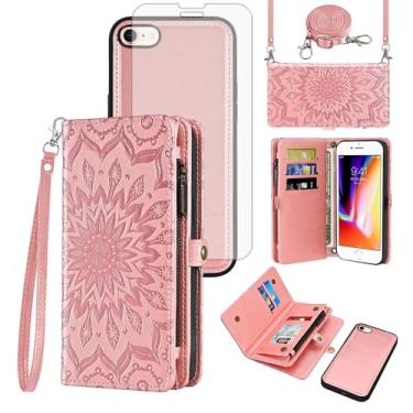 Imagem de Capa de celular para iPhone 7/8/SE 2020/2022 carteira com zíper com alça protetora de tela flor flip iPhone7 iPhone8 7s 8s i SE2020 SE2022 2/2nd/3/3ª geração SE2 SE3 7SE 8SE 8SE feminino ouro rosa