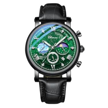 Imagem de FANMIS Relógio analógico masculino clássico, multifuncional, esportivo, militar, à prova d'água, luminoso, cronógrafo, céu estrelado, fase da lua, relógio de pulso de couro, Z preto e verde, Relógio