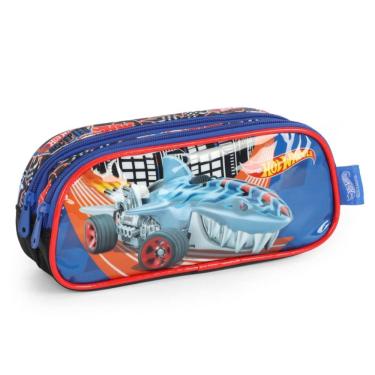 Imagem de Estojo Duplo Escolar Infantil Menino Divisórias Hotwheels Azul