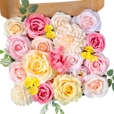 Imagem de Roahosy Flores artificiais de casamento flores de seda com hastes flores rosa e amarelas arranjos florais rosa peônia arranjos florais DIY buquês de casamento mesa centro de mesa decoração de bolo