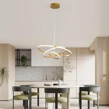 Imagem de Preto/Ouro/Cinza Minimalista Moderno Lustres Led com Controle Remoto Sala de jantar quarto Decoração lustre 3 cor de luz lustre pendente Lâmpada Luminária de cozinha (Dourado, 3 anéis 60 40 20CM)
