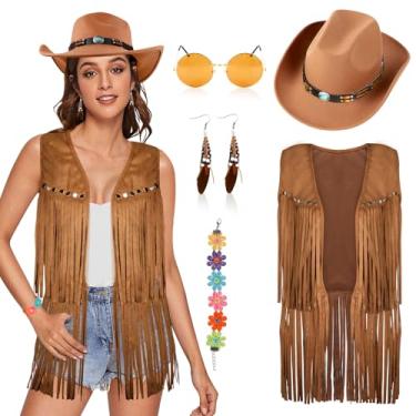 Imagem de Mukum Conjunto de 6 peças de roupas de vaqueira para mulheres com colete de vaqueira, chapéu de cowboy, acabamento turquesa, pulseira de óculos de sol para o Natal, Caqui, Large