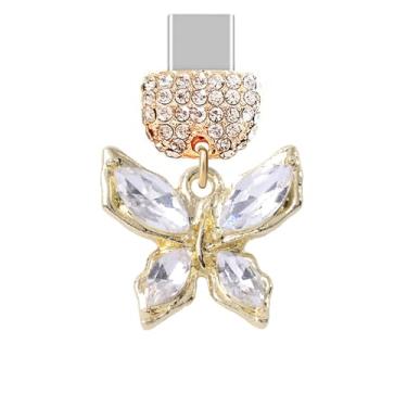 Imagem de ELISE & FONDA TP523 Tipo-C porta de carregamento cristal antipoeira pingente de celular pequena borboleta para iPhone 15/16/Samsung/OnePlus/Xiaomi/oppo telefones Android (branco), approx. 1.8 cm (L) x