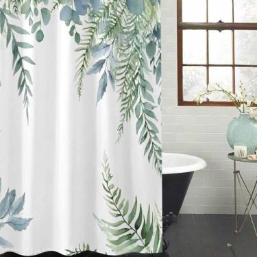 Imagem de EZON-CH Cortina de chuveiro para banheiro, folhas de eucalipto verde, planta de samambaia campestre cortina de chuveiro com 12 peças de ganchos, impermeável lavável pano cortina de chuveiro conjunto