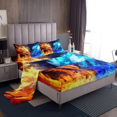 Imagem de Jogo de lençol casal com estampa de dragão de fogo gelo, estampa de vida selvagem, decoração de quarto de crianças, meninos e meninas, conjunto de lençol de microfibra macia e mágica, azul e dourado,