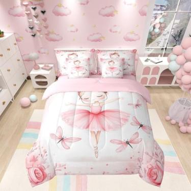 Imagem de Conjunto de edredom Queen, 7 peças, estampa de flor de libélula rosa, para crianças, princesa, bailarina, linda cama com edredom, lençol de cima, lençol de cima e fronhas