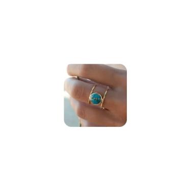 Imagem de DOCCESTU Natural Gem Anel feminino banhado a ouro 14 k corte oval turquesa boêmia natural joia feita à mão anel simples personalizado (tamanho 8)