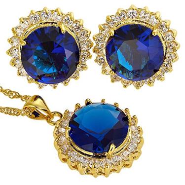 Imagem de [RIZILIA BLOSSOM] Conjunto de pingente de joias com corrente de 45,72 cm e brincos de corte redondo CZ [5 cores disponíveis] banhado a ouro amarelo, simples moderno elegante, Pedra preciosa Metal, Safira azul sintética