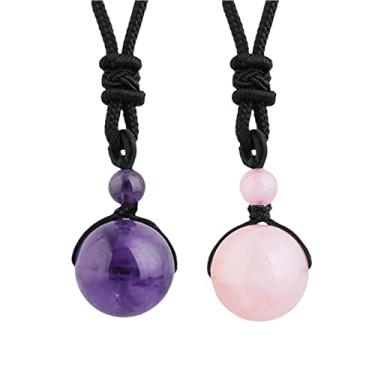 Imagem de TUMBEELLUWA Colares de ametista natural e cristal de quartzo rosa, conjunto de amuleto com 2 peças de pingentes de pedra esculpida com cordão ajustável para homens e mulheres, Ametista e pedra de