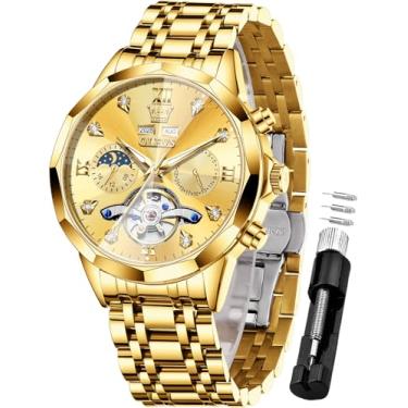 Imagem de OLEVS Relógio masculino automático, esqueleto de diamante, mecânico, luxuoso, com corda automática, calendário de fases da lua, à prova d'água, relógio de pulso masculino, G6621: pulseira dourada e