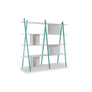 Imagem de Estante Para Livros Branca 5 Prateleiras Com Pés De Madeira Cor Azul S