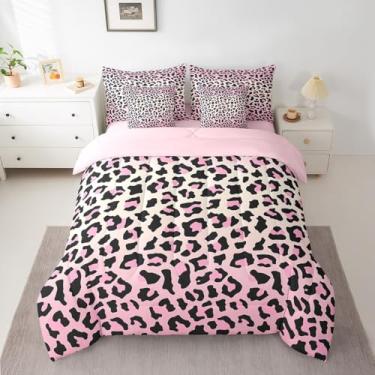 Imagem de Feelyou Jogo de cama de leopardo rosa para todas as estações, guepardo, 7 peças, decoração de quarto de adolescente, cama com edredom, lençóis, fronhas e capa de almofada
