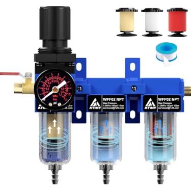 Imagem de ATINY Secador de Ar de 3 Estágios 1/4" Npt, Sistema de Secador de Ar, Compressor de Ar, Filtro de Cartucho de Filtro de 5 E 0,5 E 0,01 Mícrons, Drenagem Semiautomática, Suporte de Metal - Azul