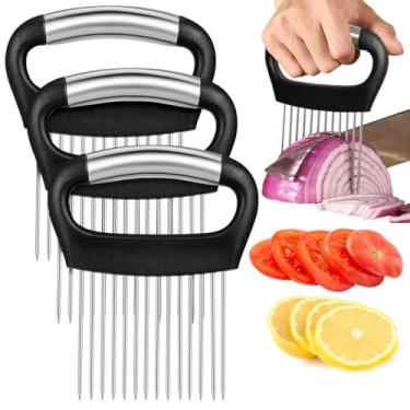 Imagem de MAGICLULU Conjunto de suporte para fatiar cebola de aço inoxidável e cortador de vegetais, 3 peças de utensílios de cozinha, amaciador de carne para fatiar sem esforço, cortar cebolas, frutas e