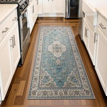 Imagem de Lahome Tapete de área com medalhão floral persa – 5 x 11 cm, tapete de corredor azul petróleo/aquático, tapete para pia de cozinha, de lã sintética turca, antiderrapante, lavável, de pelo baixo, para uso interno, lavanderia, quarto, entrada, banheiro