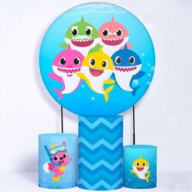 Imagem de Kit Painel de Festa Redondo de 1,30m e Trio de Cilindros Baby Shark - Fera Print