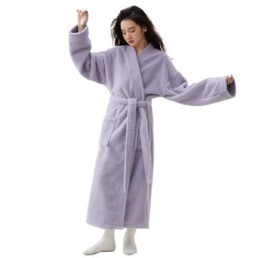 Imagem de LVTFCO Roupão de banho quimono feminino coral de veludo engrossado pijama longo parágrafo conjunto de veludo grão de arroz roxo-GG