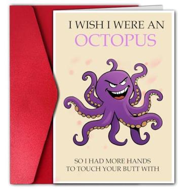 Imagem de Cartão de Dia dos Namorados de polvo para ela - Presente romântico engraçado e exclusivo para esposa, namorada - Cartão de felicitações de amor engraçado com design fofo de criatura marinha