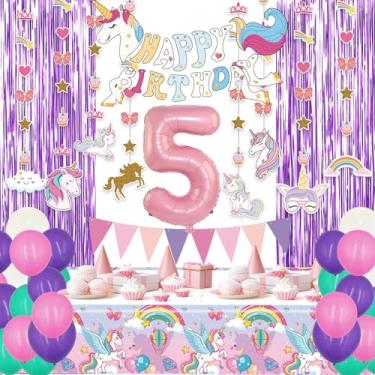 Imagem de Pacote com 58 decorações de festa de aniversário de unicórnio, artigos de festa temáticos de unicórnio para meninas com kit de guirlanda de balões, pano de fundo de aniversário, balão de folha de unicórnio e leque de papel