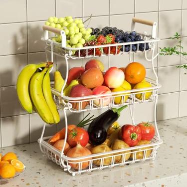 Imagem de Cesta de frutas de 3 camadas, camada de malha e 2 cabides de banana e cabo de madeira, tigela de frutas para balcão de cozinha, organizador de suporte de armazenamento de frutas retangular empilhável