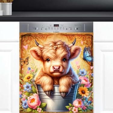 Imagem de Capa de ímã vintage de vaca alpina para lava-louças vintage vaca alpina frontal para lava-louças decoração reutilizável capa magnética painel decalque eletrodomésticos adesivos geladeira cozinha 58 x