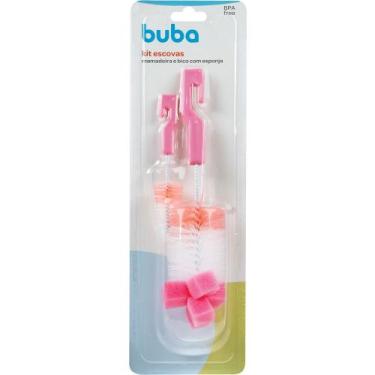Imagem de Kit Escovas de Limpeza BUBA para Mamadeira e Bico com Esponja - Rosa