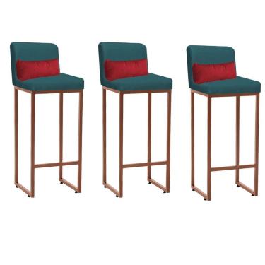 Imagem de Kit 03 Banqueta Alta Com Encosto Industrial Ferro Bronze Suede Azul Turquesa E Almofada Vermelho