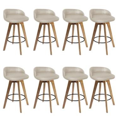 Imagem de Kit 08 Banqueta Alta Com Encosto Berlim Base Giratória Madeira Sintético Bege