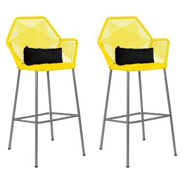 Imagem de Kit 02 Banqueta Alta Com Encosto Sttar Ferro Prata Fibra Amarelo Almofada Suede Preto