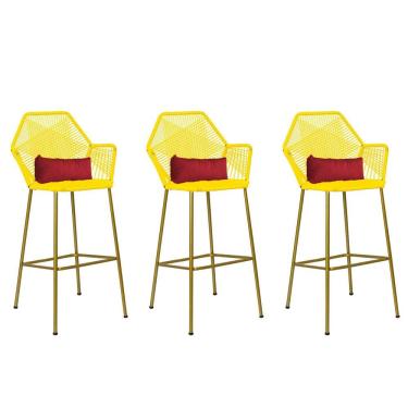 Imagem de Kit 03 Banqueta Alta Sttar Ferro Dourado Fibra Amarelo Almofada Corino Vermelho - Amey Decor