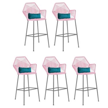 Imagem de Kit 05 Banqueta Alta Com Encosto Sttar Ferro Prata Fibra Rosa Bebê Almofada Suede Azul Turquesa