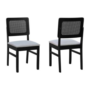 Imagem de Kit 2 Cadeiras Madeira Maciça Lyon Encosto Telinha - Preto Assento Estofado Linho Bege Mescla Impermeável