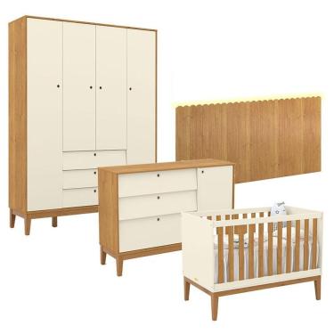 Imagem de Quarto De Bebê Unique 4 Portas Com Cômoda Sapateira E Painel Farm Com Led Off White Freijó Eco Wood - Matic