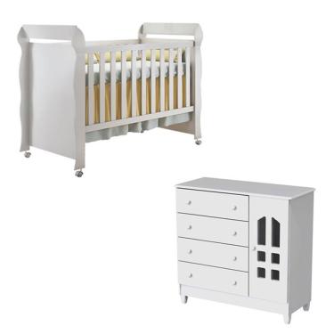 Imagem de Berço Americano e Cômoda Infantil Mirelle Selena 1 Porta 4 Gavetas MDF MDP 154 cm Branco Carolina Baby