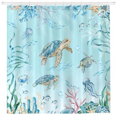 Imagem de Arquiel Conjunto de cortina de chuveiro Ocean Beach Turtle, cortinas de chuveiro de tecido de poliéster à prova d'água com 12 ganchos para decoração de casa de banho, 182 × 182 cm, acessórios de banho