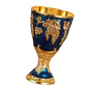 Imagem de Fenteer Vintage Medieval Metal Metal Wine Cup retro multiuso reutilizável gravado aniversário artesanal de 30ml Decoração de desktop, Azul Dourado