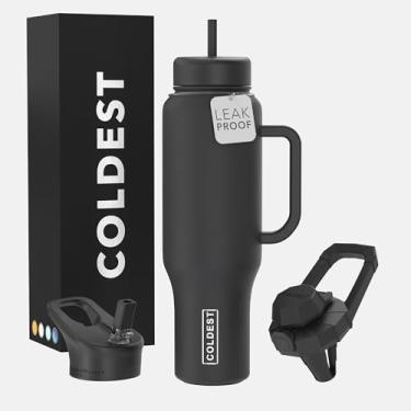 Imagem de Copo Coldest com alça e canudo - Copo isolado 100% à prova de vazamento com tampa e canudo (3 tampas) - Copos de aço inoxidável para mulheres e homens - Base compatível com porta-copos, 1,304 g (preto