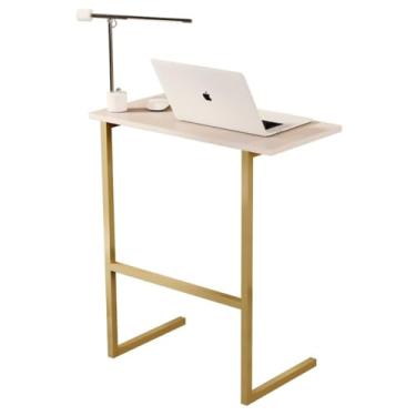 Imagem de Mesa Lateral de Apoio para Sofá e Notebook Industrial Pés De Ferro (Pérola/Dourado)