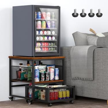 Imagem de Guliu Suporte Para Mini Geladeira De 21 X Pol. Com Armazenamento, Mesa Resistente 4 Rodas Trava Cafeteria, Armário Compacto Refrigerador Bebidas, Carrinho Dormitório, Escritório E Casa (Marrom)