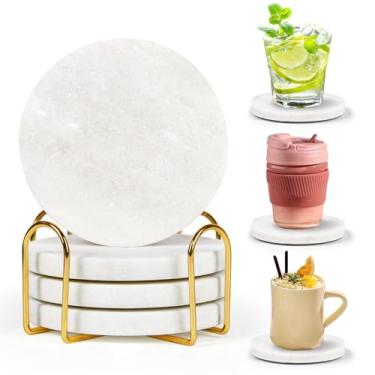 Imagem de Conjunto de 4 porta-copos de mármore branco com suporte - Porta-copos de pedra de mármore natural com pés de silicone protetores, 10 cm de diâmetro, 1 cm de espessura - Porta-copos resistentes ao