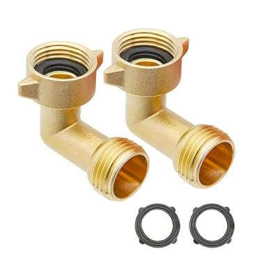 Imagem de Conector de cotovelo de mangueira de jardim de latão de 90 graus (pacote com 2) – Adaptador de mangueira resistente de 9/10.2 cm com arruelas extras, encaixe angular de latão sólido para trailers