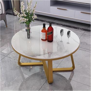 Imagem de Mesa de centro redonda com moldura de metal resistente, mesas de centro redondas de mármore modernas para sala de estar, escritório, casa, F, 50 x 50 x 45 cm