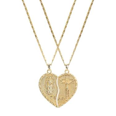 Imagem de Mytys Colar de casal de coração duplo dourado com alívio da Virgem Maria e Jesus, colar de coração quebrável, colar de melhor amigo, Large, Cobre, Cristal